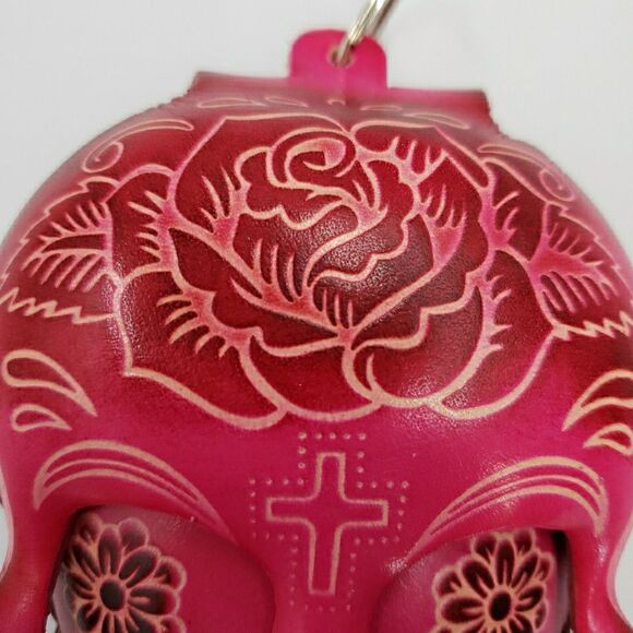 Sugar Skull Leather Wristlet Wallet Hot Pink Day of the Dead Coin Purse Keychain - Picture 11 of 15